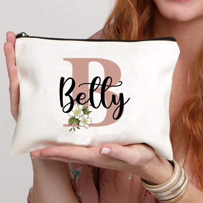 Floral Letters Custom Name Makeup Bag Best Gift for Bridesmaid Teachers Friends Women Purse Personalise Gift for Birthday