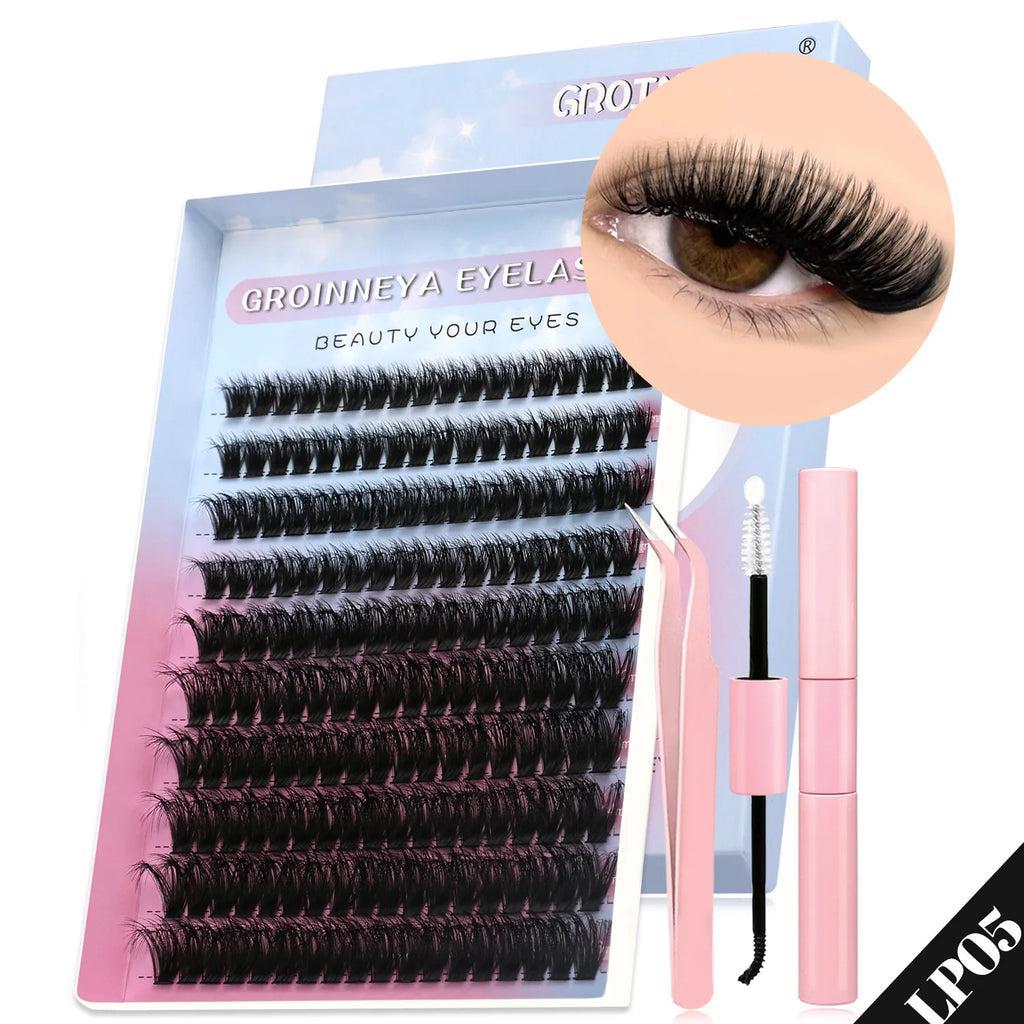 GROINNEYA DIY Lash Clusters Set Mixed Tray Lashes Kit Fluffy Individual Lashes Extension With Lash Bond and Seal Makeup