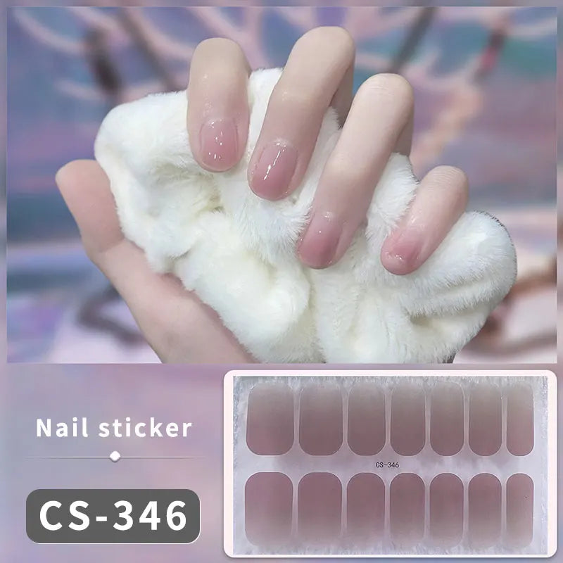 Pink Glitter Design Baking-free Nail Stickers French Style Solid Color Adhesive Full Cover Nail Strip Slider DIY Manicure Decals