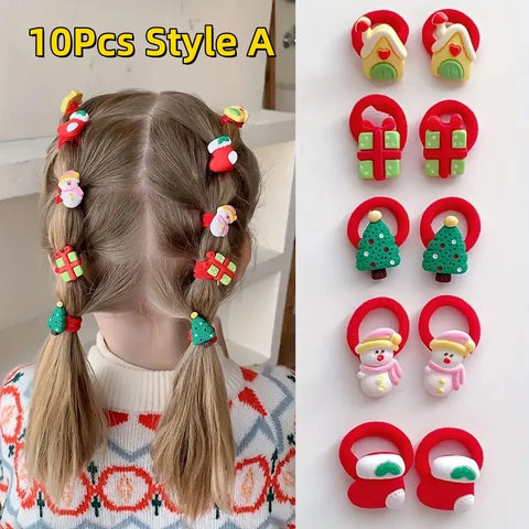 10Pcs Kids Girls Christmas Hair Ties Cute Santa Claus & Reindeer Design Festive Hair Accessories Holiday Parties Decorations