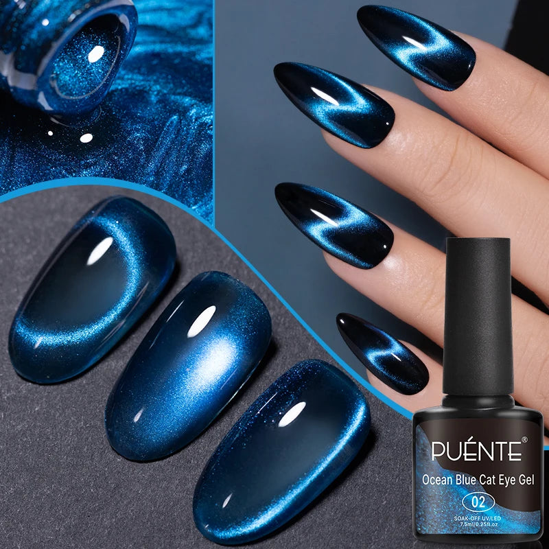 PUENTE 7.5ML Blue Laser Cat Magnetic Gel Nail Polish Sparkling Holographic Rainbow Cat Eye Gel Soak Off UV/LED Nail Art Varnish