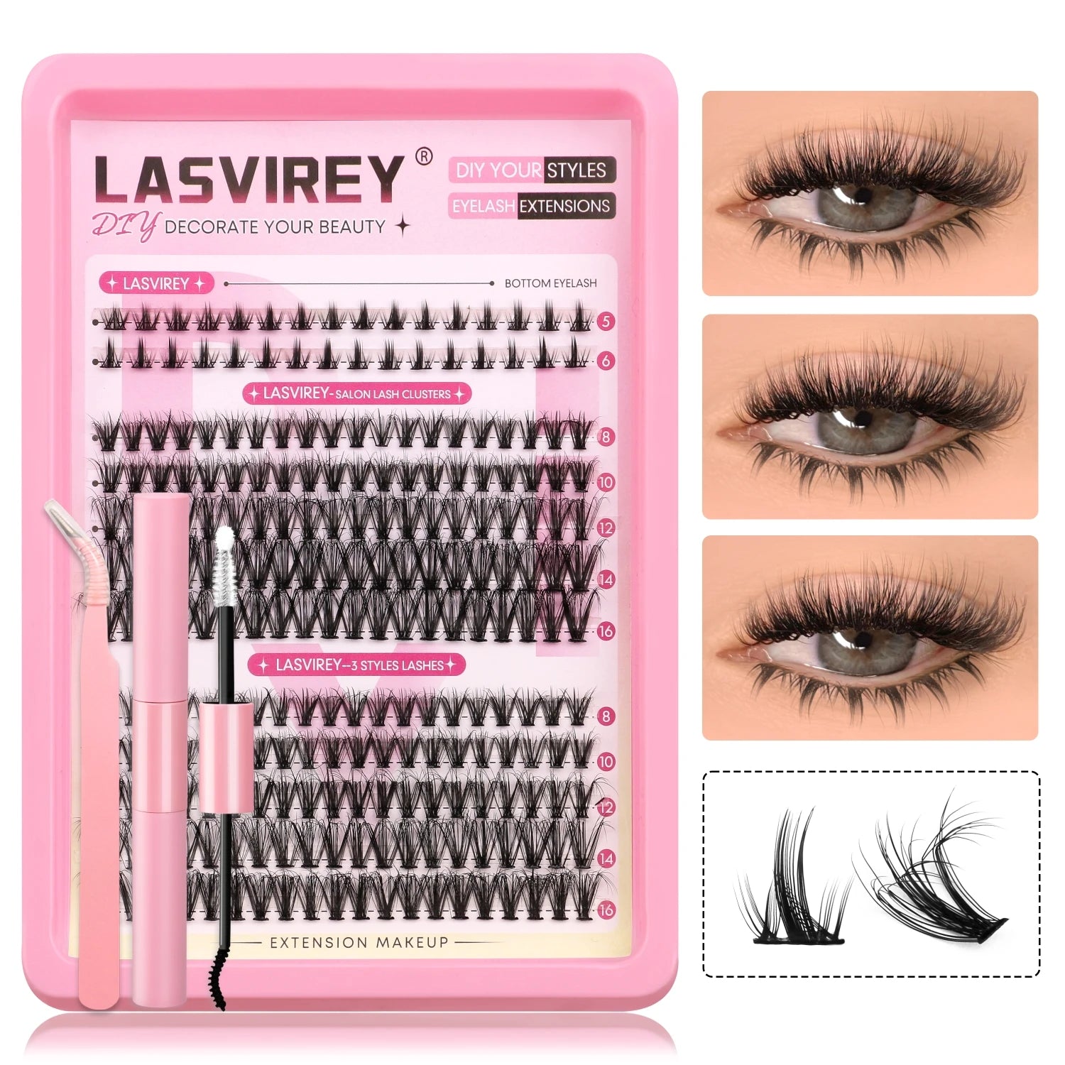 Lasvirey DIY Lashes Kit Fluffy Lash Clusters Kit Mixed Individual Eyelashes with Bottom Lashes Extension Cluster Lashes Makeup