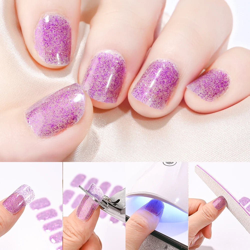 16Tips French Black Semi-Cured Nail Stickers With Glitter Long-Lasting UV Gel Nail Polish Wraps Full Cover Nail Art Decals Patch
