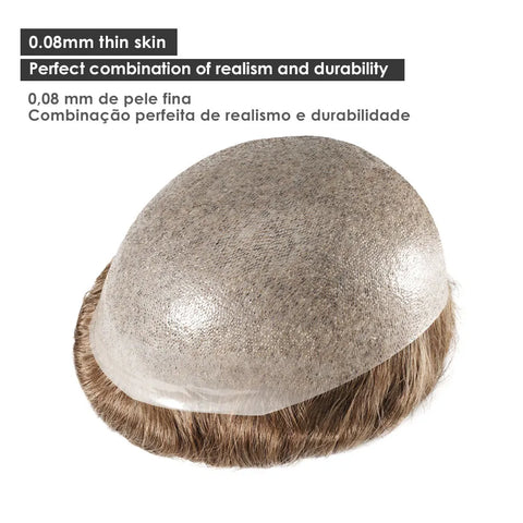 Invisible Knot Natural Hairline Men Toupee Thin Skin Male Wig Remy Human Hair 0.06mm 0.1mm Men's Capillary Prosthesis System