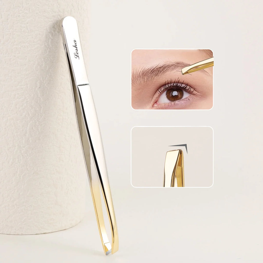 A gold stainless steel eyebrow tweezers, with flat and oblique styles, plucking eyebrows and beard pliers tweezers tools, unisex