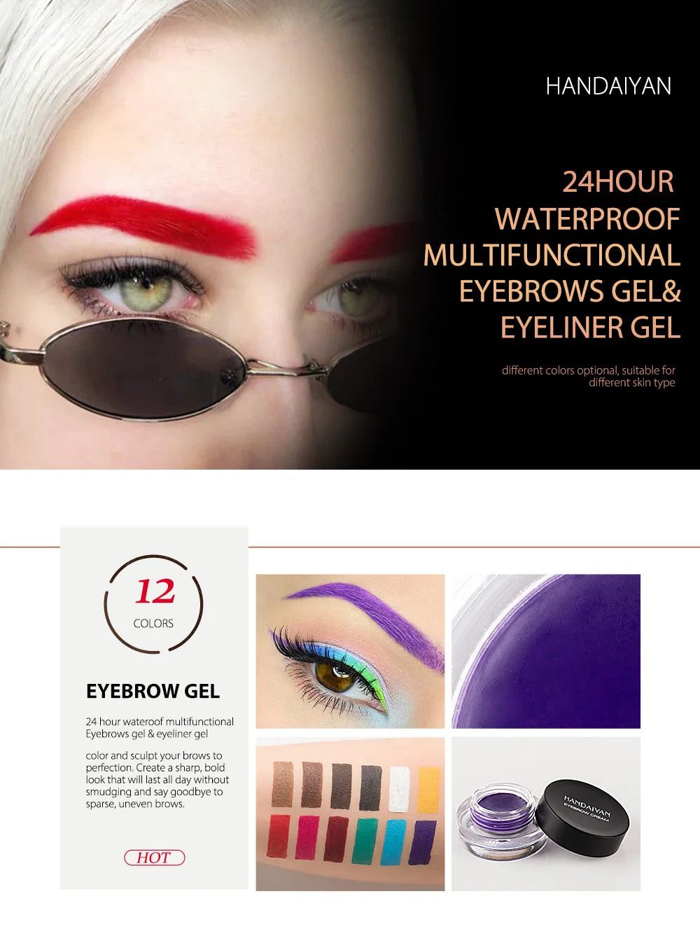 HANDAIYAN 12 Color Waterproof Eyebrow Cream Professional Eyeliner Eyebrow Gel High Brow Tint Black Eye Brow Makeup Tools