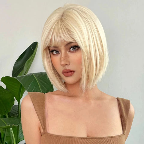 Short Straight Bob Light blonde synthetic wig Ladies straight bangs Hot silk wig Christmas party Cosplay daily wear wig