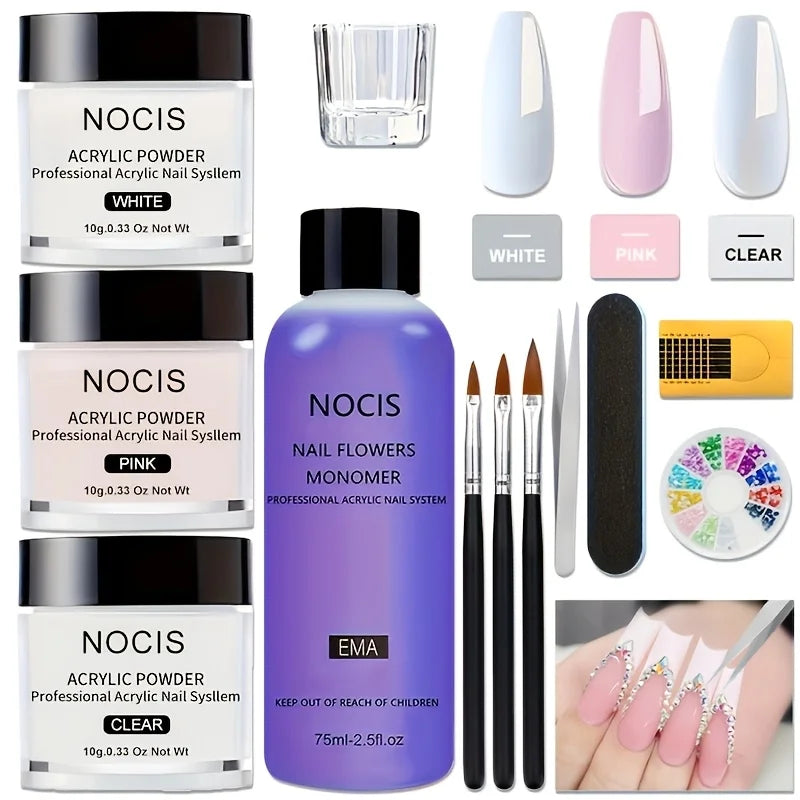 NOCIS Acrylic Nail Kit: Professional Nails Kit Acrylic Set Clear White Pink Acrylic Powder and Liquid Set with Acrylic Nail Starter Kit for DIY Home Use.