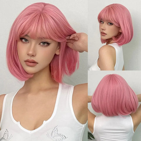 Short Straight Bob Light blonde synthetic wig Ladies straight bangs Hot silk wig Christmas party Cosplay daily wear wig