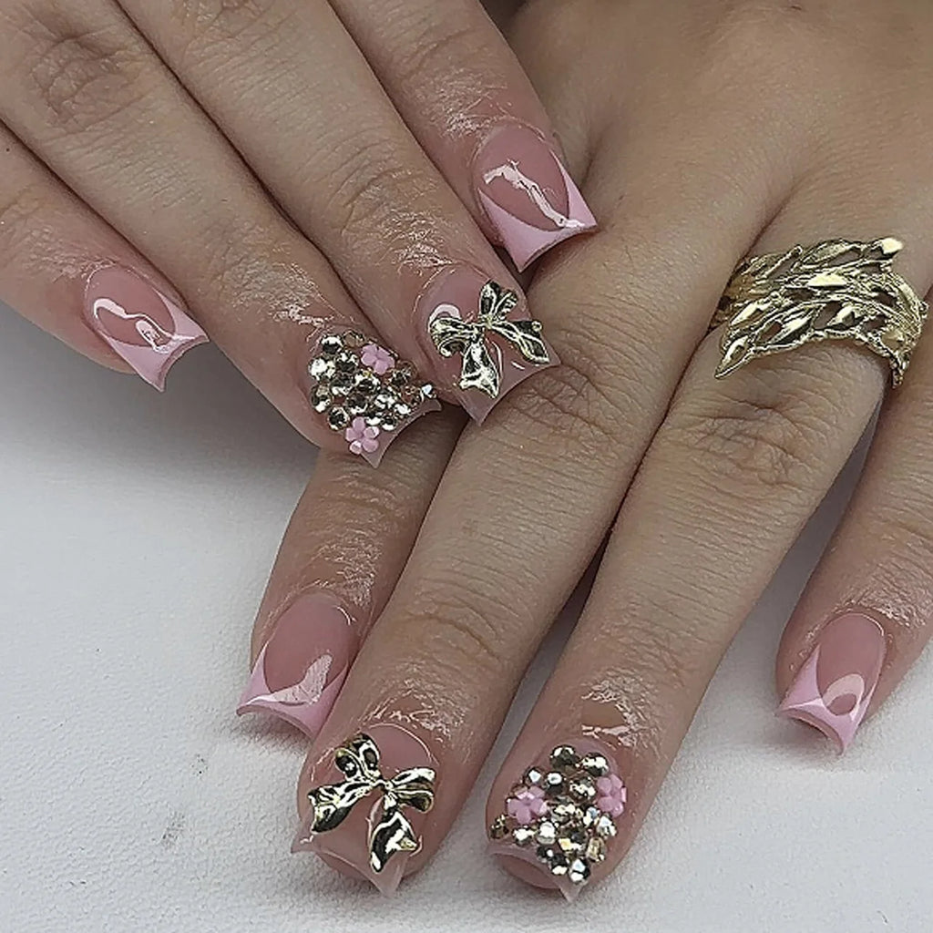 24pcs Short Duck Shaped False Nails Y2k Punk Style Rose Pink Black French Tips Press On Nail Diamond Star Flower Decor Fake Nail