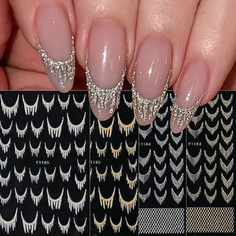 Reflective Glitter French Nail Art Stickers Sparkly Gold Silver Tassel Line Geometric Grids Adhesive Sliders Decals DIY Manicure