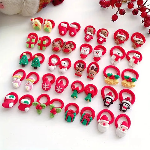 10Pcs Kids Girls Christmas Hair Ties Cute Santa Claus & Reindeer Design Festive Hair Accessories Holiday Parties Decorations