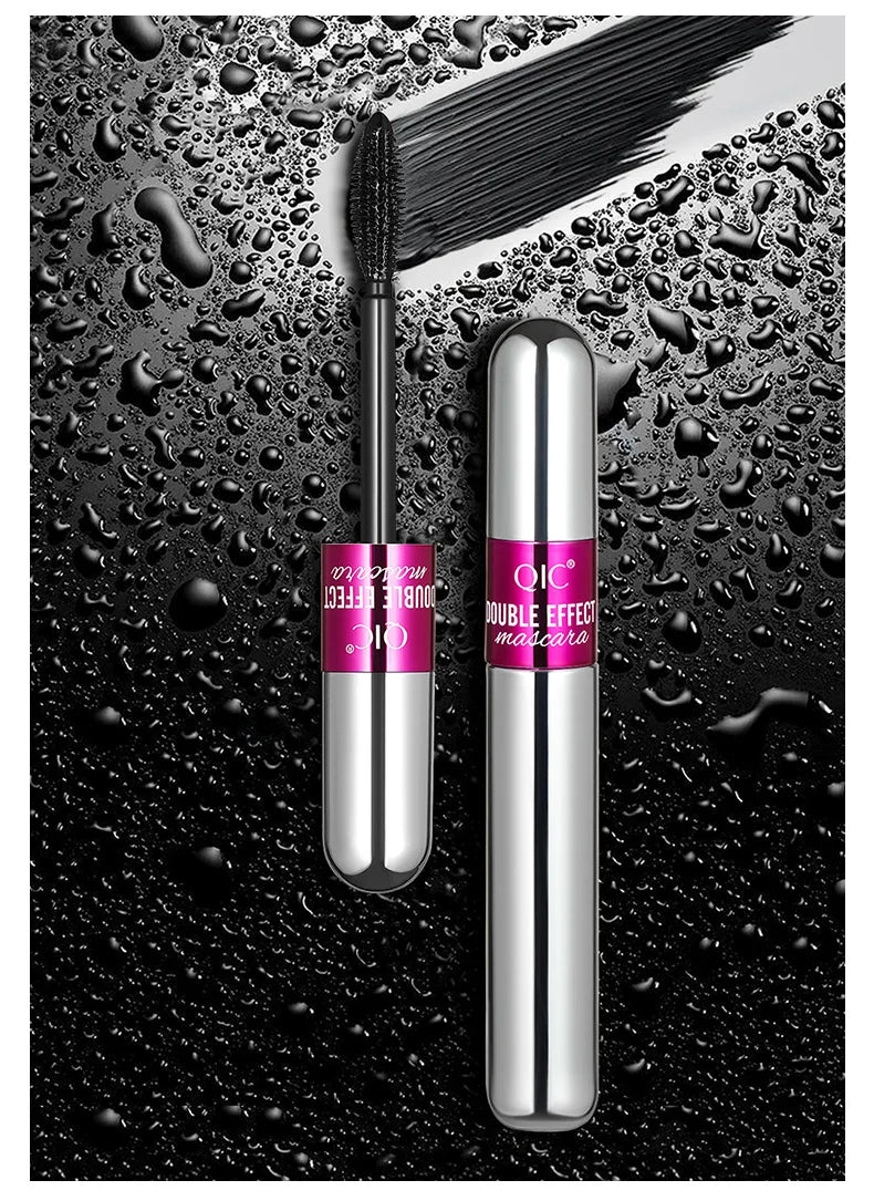 QIC Double Effect 4D Mascara Waterproof Long Curl Natural Thick Eyelash 2-in-1 Black Mascara with 2 Brush Heads