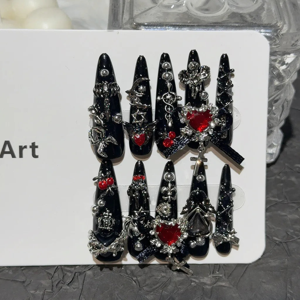 Menhera Y2K Spice Girls Black Red Long Tip Handmade Press On Nails Cross Spider Love Diamond Fake Nails Bow Cool Dark Nail Art