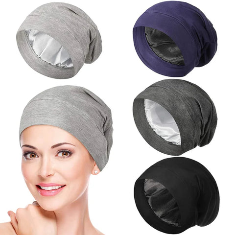 Satin Lined Hair Bonnet Hat For Women Men Bamboo Cotton Elastic Night Sleeping Cap Silk Skullies Beanie Hat Curly Hair Headwrap