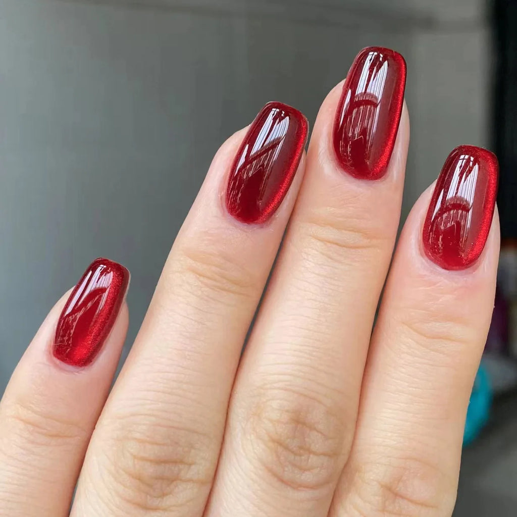 24pcs Glossy Red Cat's Eye Press On Nails Full Cover Nude Color Wearable Almond False Nails Charms Detachable Fake Nail For Girl