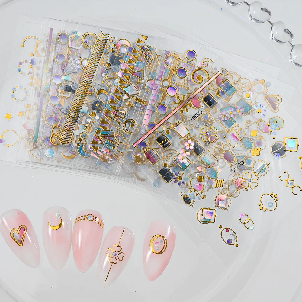 30Pcs Gold Edge Moon Heart Nail Sticker Self-Adhesive Luxury Metallic Zodiac Nail Decal Sliders Manicure Tips Nail Decoration