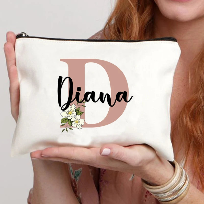 Floral Letters Custom Name Makeup Bag Best Gift for Bridesmaid Teachers Friends Women Purse Personalise Gift for Birthday