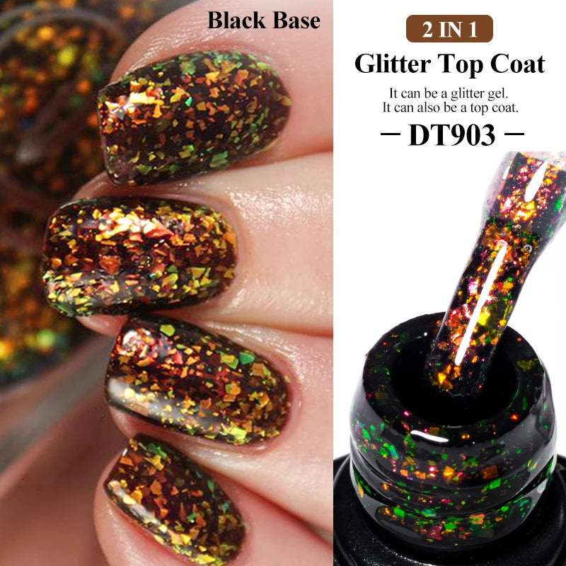 MEET ACROSS 7ml Sparkly Glitter Top Coat Gold Foil Effect Nail Art Gel Nail Polish Soak Off Semi Permanent Varnish For Nails DIY