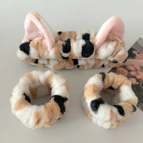 3pcs/set Cute Cat Ear Leopard Print Plush Headband For Women Girls Spa Washing Face and Makeup Headband Elastic Wrist Strap