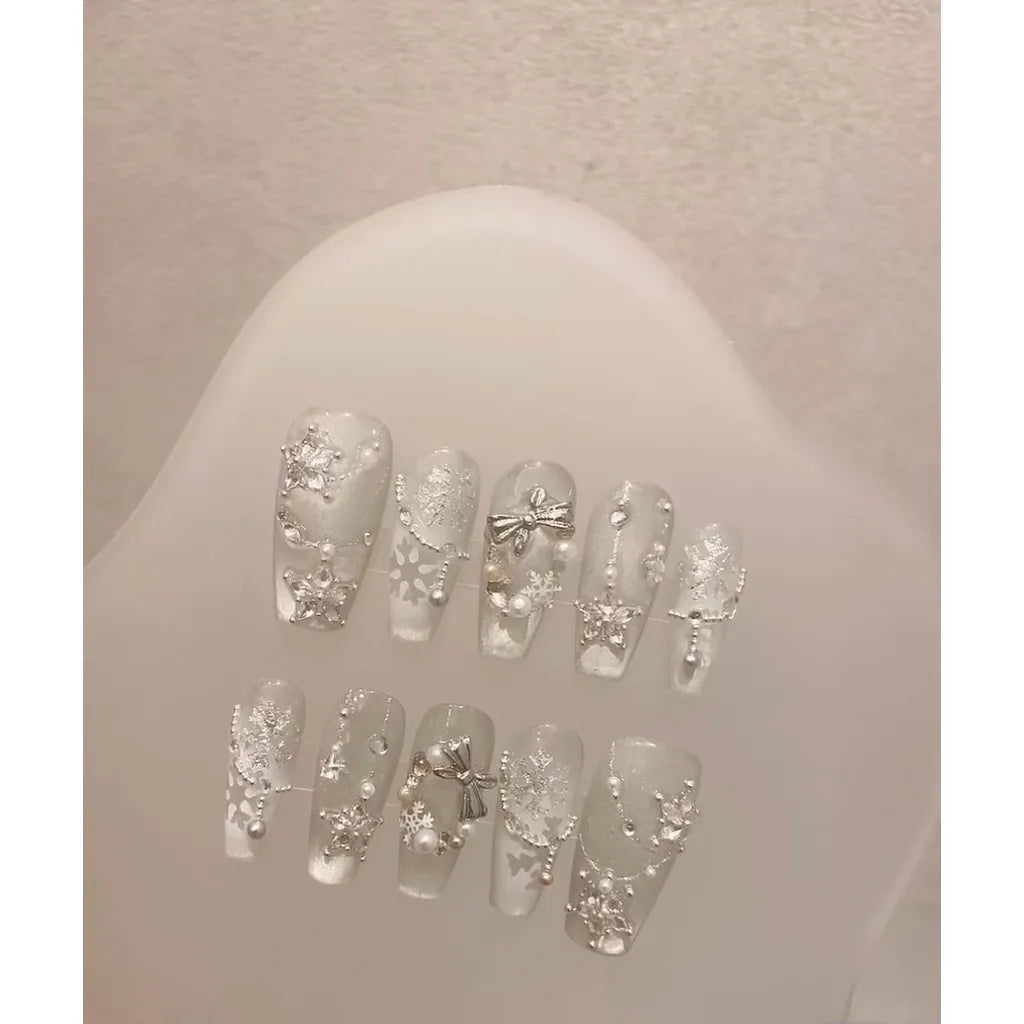 Snow White Carol Winter Handmade Press On Nails White Christmas Cat Eye Fake Nails Snowflake Star Bow Christmas Tree Nail Art
