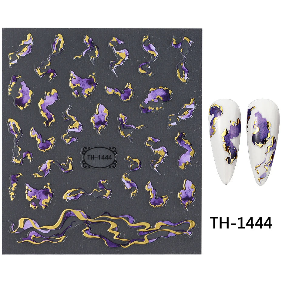 Nails Stickers Purple Blue Brown Ink Design Decals Gold Decorations Art Self-Adhesive Holographic Gel Slider Manicure Supplies