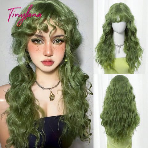 Long Curly Green Wave Synthetic Wigs with Bangs for Women Christmas Grass Green Cosplay Wigs Daily Natural Hair Heat Resistant
