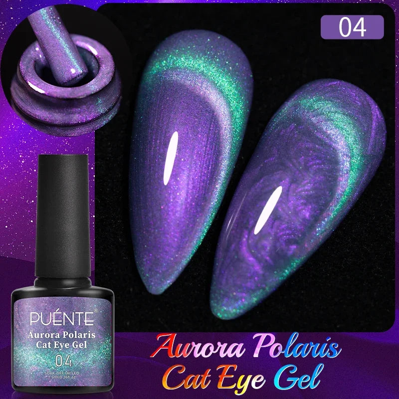 PUENTE 7.5ML Sparkling Pinkish Purple Laser Cat Magnetic Gel Nail Polish Holographic Rainbow Effect Soak Off UV Nail Art Varnish