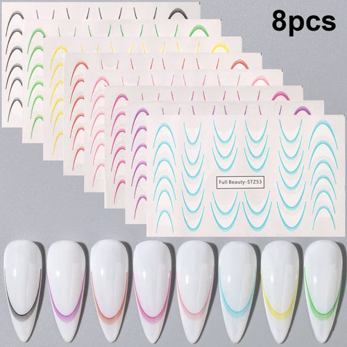 8pcs Gradient French Line Water Nail Stickers Set Colorful Stripe Ombre Designs Decals Guides for DIY Decoration Stencil Tools