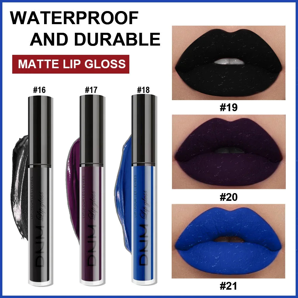 DNM 3PCS Liquid Lipstick Sets Waterproof Matte Black Blue Purple Blue Sexy Lip Gloss Long Lasting Nude Lip Tint Stain Makeup Kit