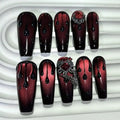 10PCS Dark Blood Red Spicy Girls Long Tip Handmade Press On Nails Red Diamonds Cat Eye Glitter Fake Nails Luxury Chains Nail Art
