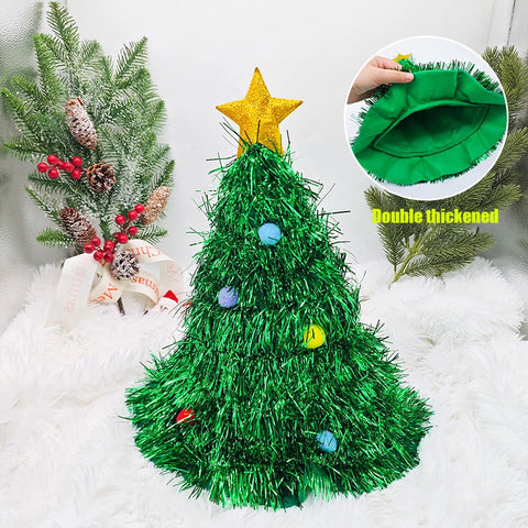Christmas Tree Hats Fabric Rain Silk Hat for Adults Kids Funny Santa Hat with Tinsel Xmas Holiday Party Costume New Year Decor
