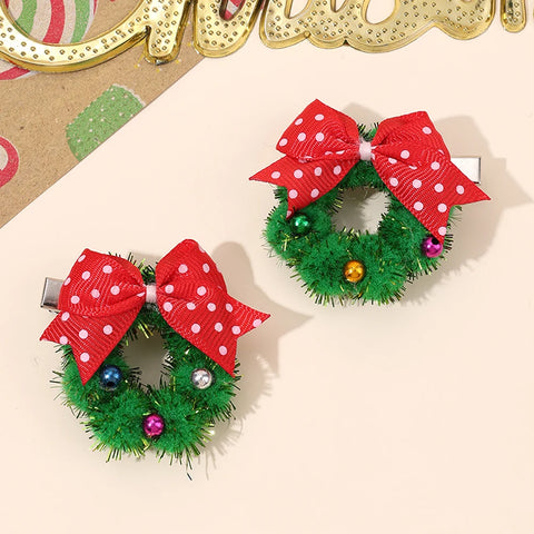 2Pcs Christmas Wreath Hair Clips With Red Polka Dot Bows Cute New Year Hairpins For Girls Children New Headwear Accessories