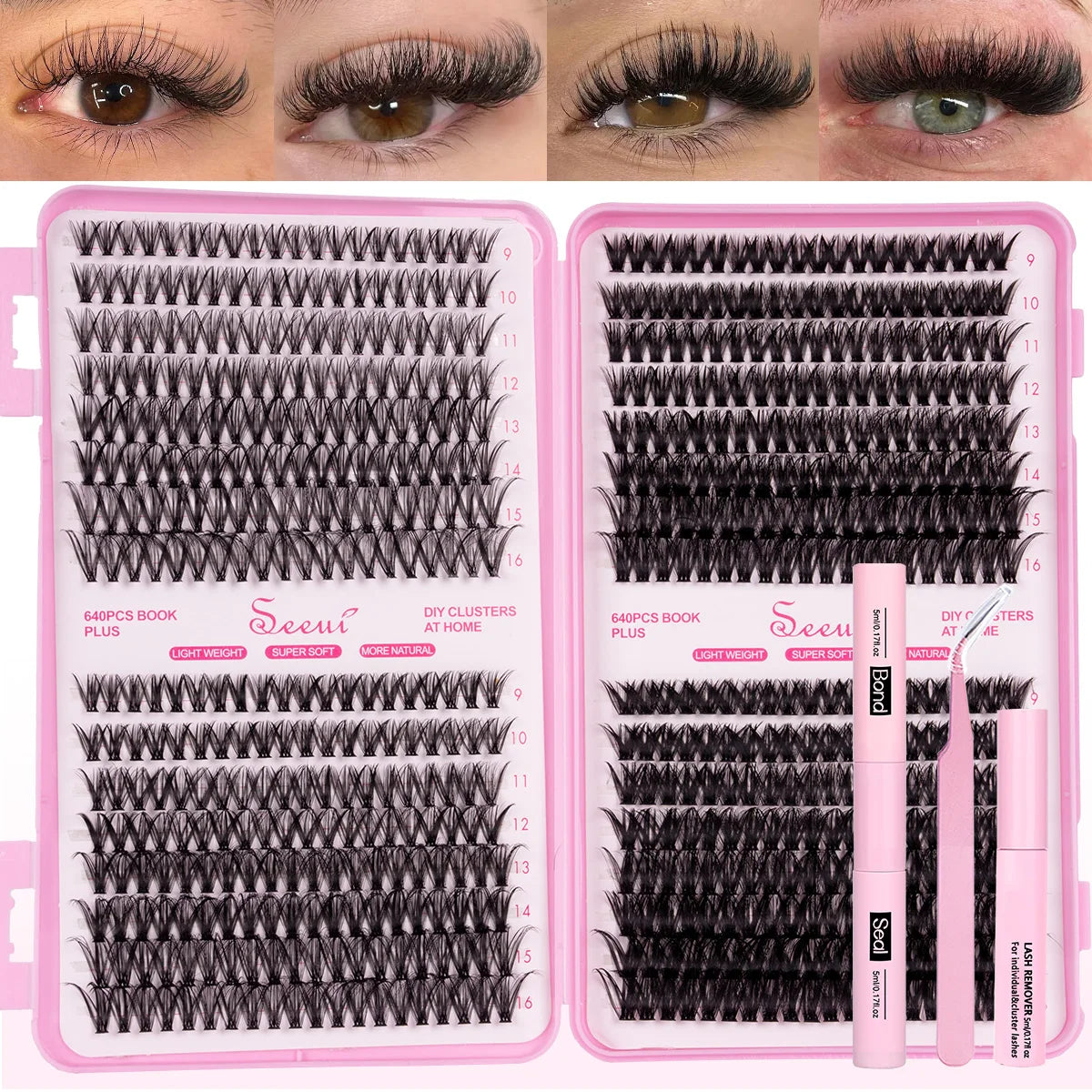 SEEUI Lash Clusters Kit Natural Look Large Capacity Lash Extension Kit with Lash Bond And Seal Eyelash Tweezers