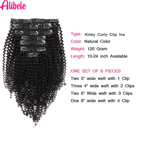 Alibele Mongolian Afro Kinky Clips In Human Hair Extensions 8 Pieces 120G/Set Brazilian Remy Hair Clip In 10-24" Inch For Women