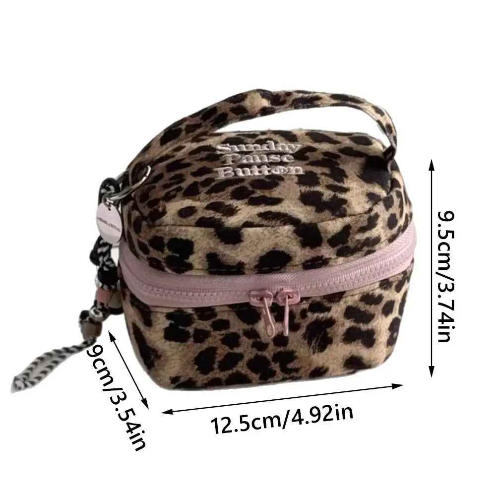 Multi-functional Leopard Print Square Storage Box Handheld Zipper Design Makeup Bag Handbag Women Girls