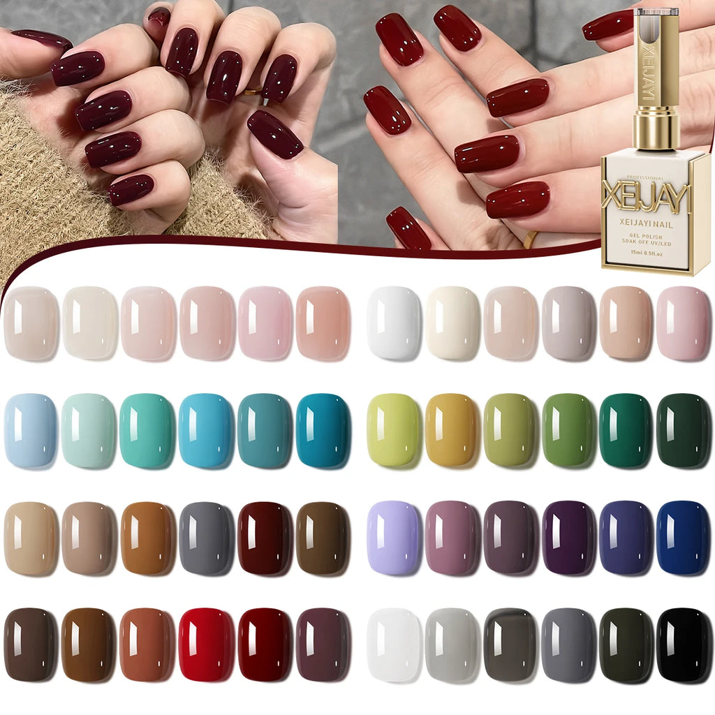 XEIJAYI 6Pcs 15ML Jelly Ice Transparent Nude Green Blue Green And Colorful And Pure Gel Nail Polish Set Peelable UV LED Gel Poli