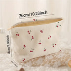 Hand Painted Cherry Corduroy Drawstring Makeup Bag Lightweight Travel Toiletry Pouch Bohemian Style Cosmetic Organizer