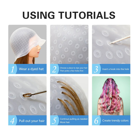1set Silicone Highlighting Cap with Hook Needle Reusable Hair Dye Cap Set Barber Professional Hair Coloring Salon Hair Tools