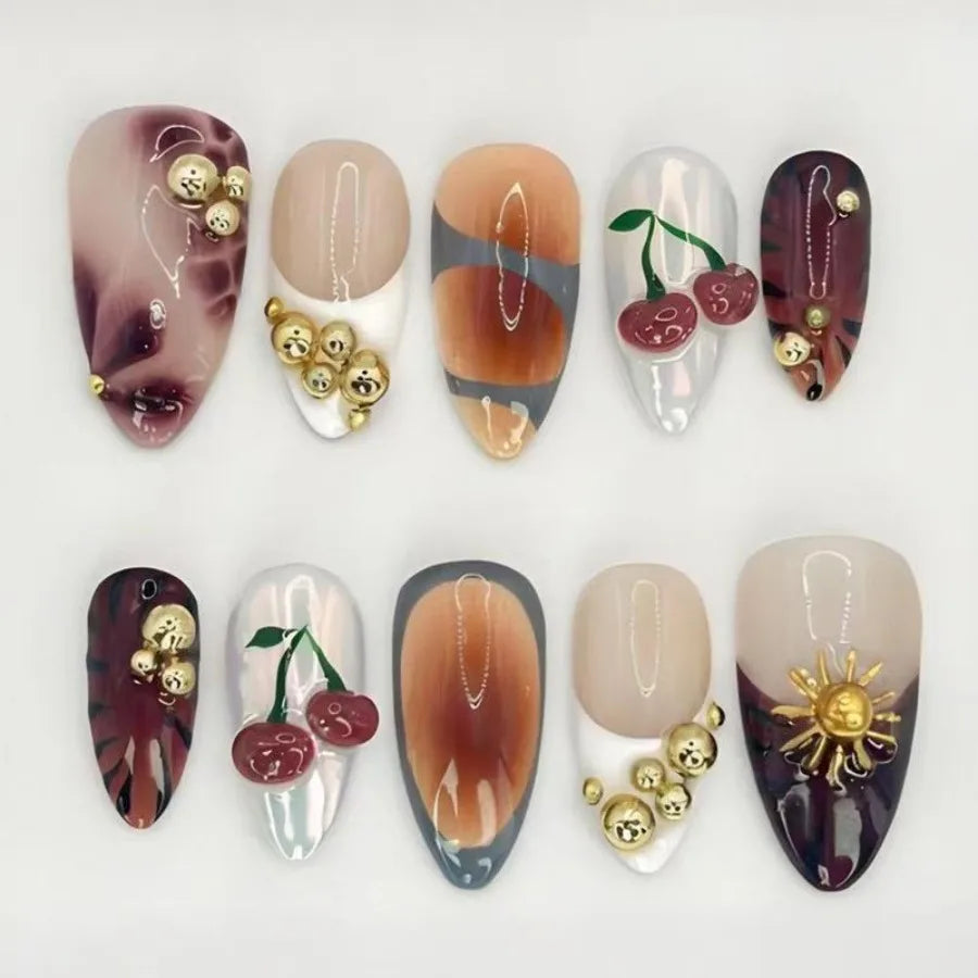 24pcs Leopard Print Brown Nails Art Gilded Pearl Design Almond Fake Nail Tips Flower False Nail for Women Girl Press on Nails
