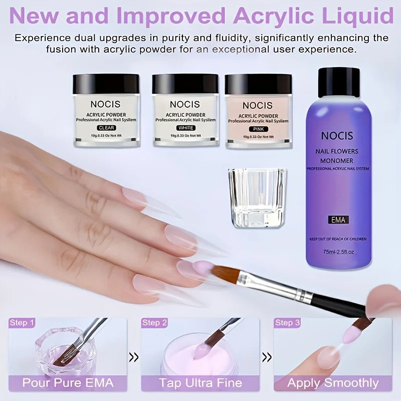 NOCIS Acrylic Nail Kit: Professional Nails Kit Acrylic Set Clear White Pink Acrylic Powder and Liquid Set with Acrylic Nail Starter Kit for DIY Home Use.