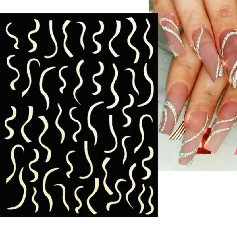 Adhesive stickers with European and American style cross snake black and white wave dot hot silver line letter nail stickers