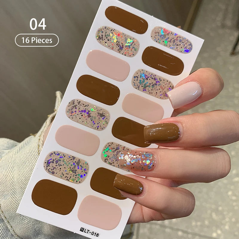 Pink Glitter Design Baking-free Nail Stickers French Style Solid Color Adhesive Full Cover Nail Strip Slider DIY Manicure Decals