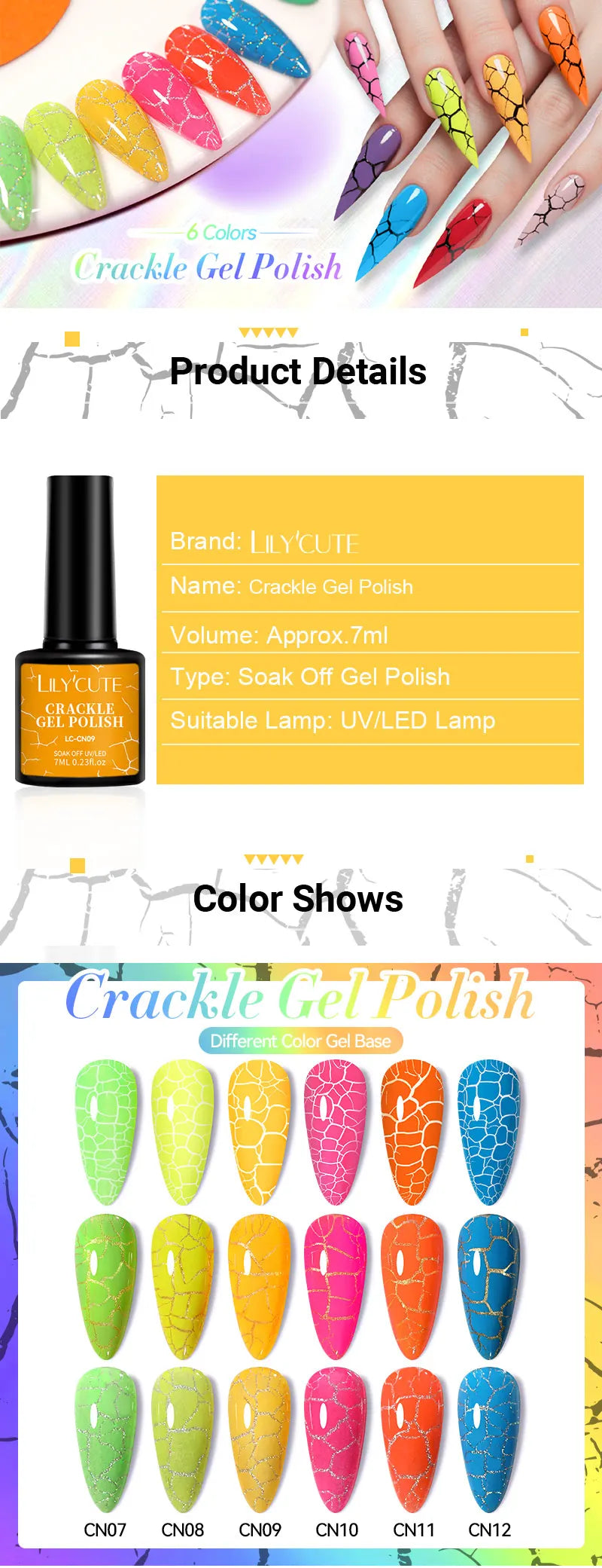 LILYCUTE 7ml Neon Crackle Gel Nail Polish Summer Fluorescent Quick Drying Semi Permanent UV Gel Nail Art Varnish DIY Manicure