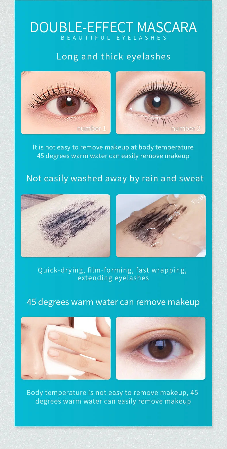 QIC Double Effect 4D Mascara Waterproof Long Curl Natural Thick Eyelash 2-in-1 Black Mascara with 2 Brush Heads
