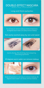 QIC Double Effect 4D Mascara Waterproof Long Curl Natural Thick Eyelash 2-in-1 Black Mascara with 2 Brush Heads