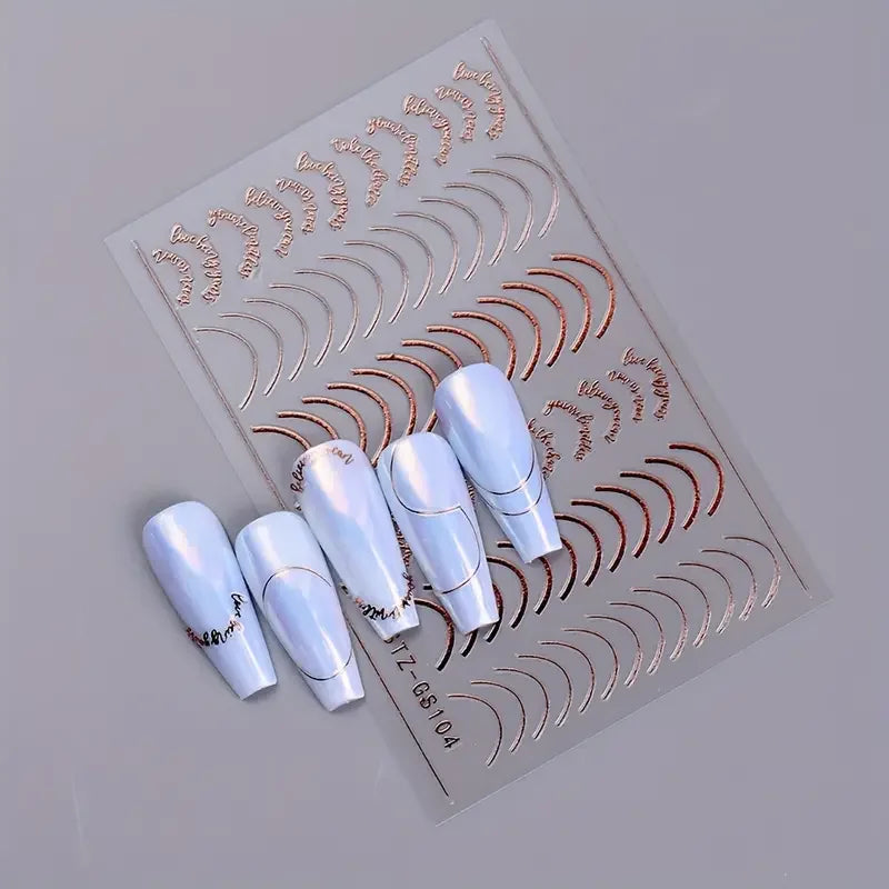 3pcs/set 3D Simple Lines Nail Stickers Rose Gold Metal Stripe Letters Decals Curve Gel Nails Art Sliders Polish Manicure Decor