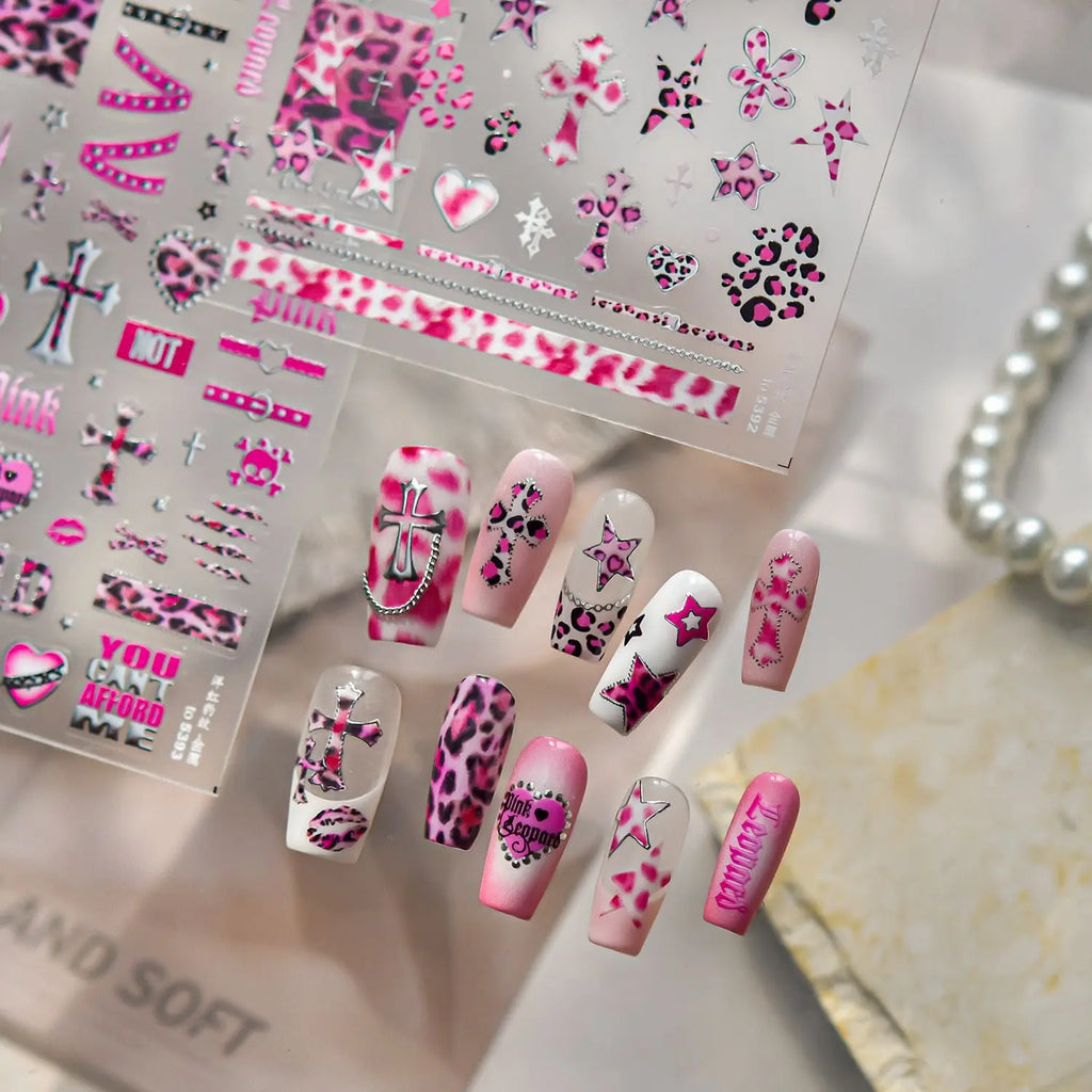 Retro Leopard Print Heart-shaped Nail Art Stickers 5D Metal Nail Sticker European and American Style Manicure Decorations Decals