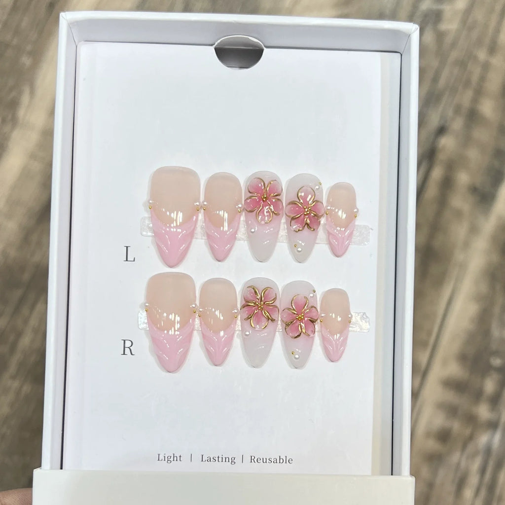 10pcs French Almond Press on Nails Flower False Nails Wearable Stick-on Nails Fake Nail Uñas Postizas Mujer Накладные Ногти 네일팁