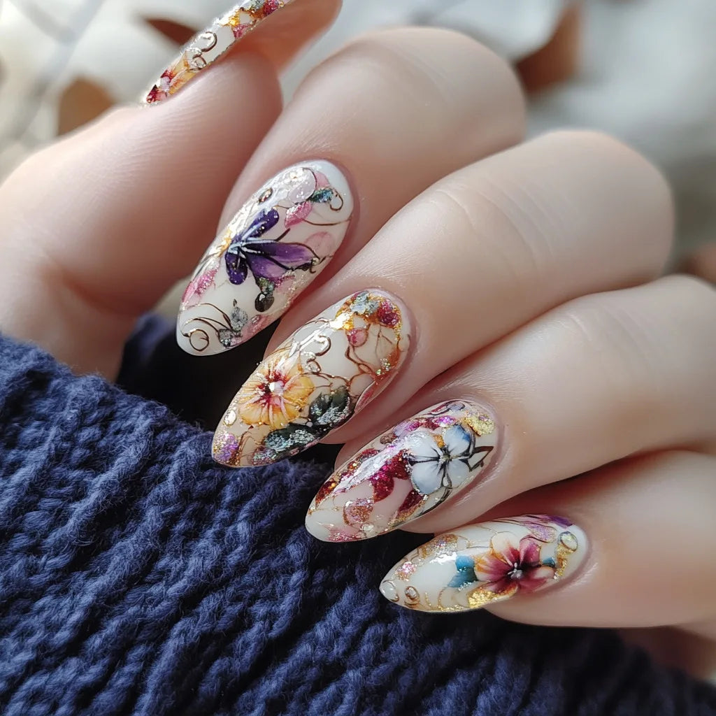 24pcs/set Medium long square fake nails for women girls cute heart flowers feather butterfly design press on false nail art tips
